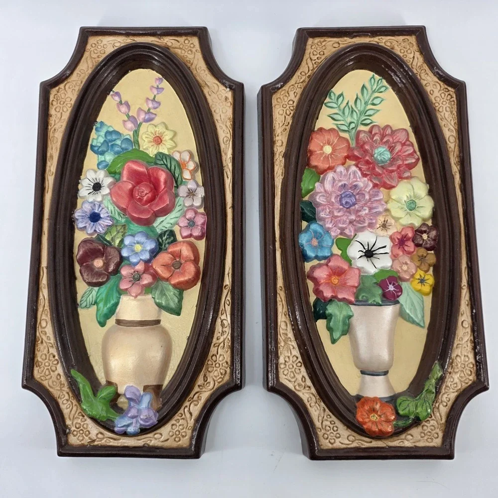 Vintage Hand Painted Ceramic Plaques Chalkware Flowers 3D Wall Hanging Set Of 2